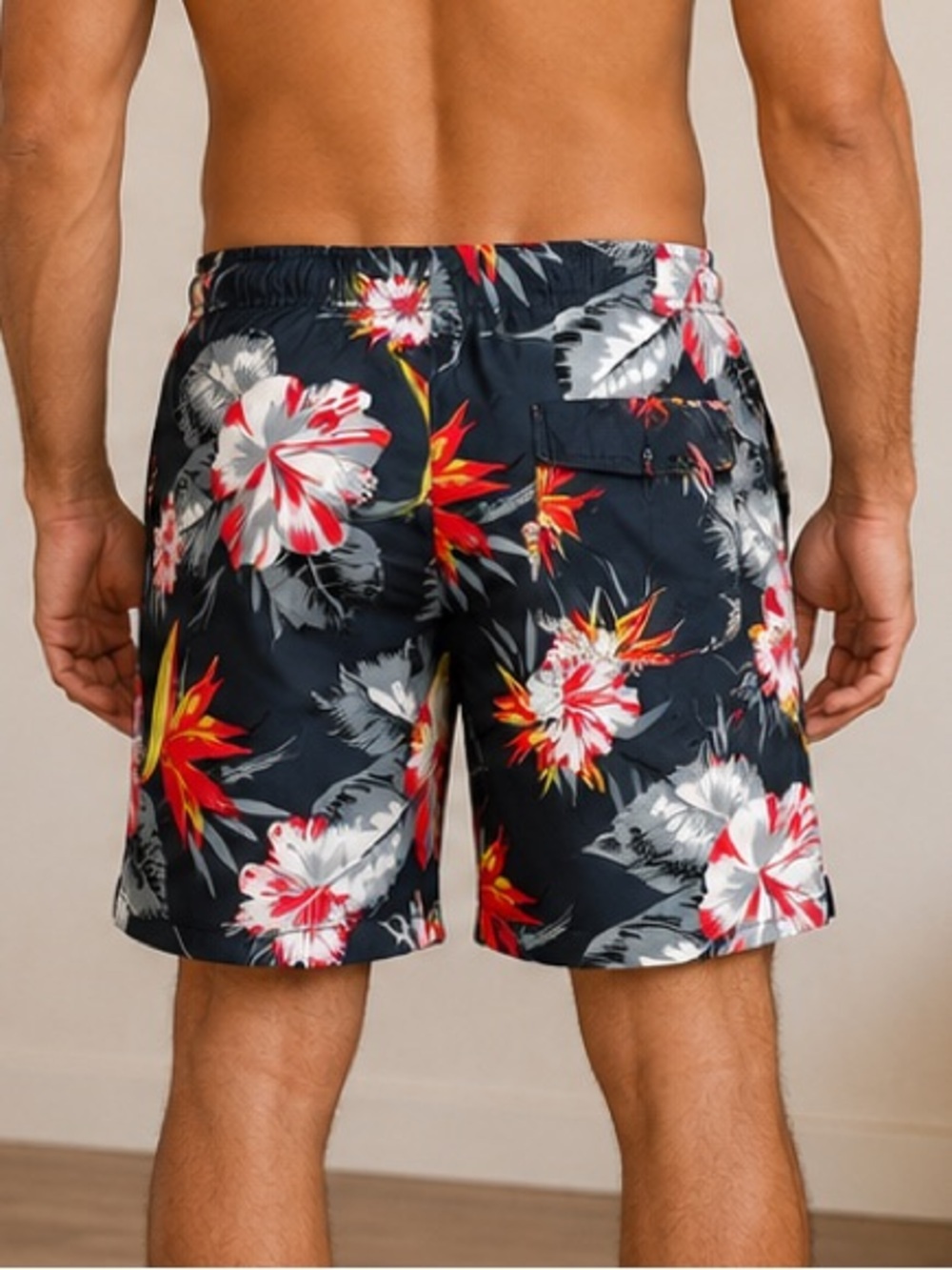 Men's Navy Floral Swim Board Shorts - Red & White Print LARGE
